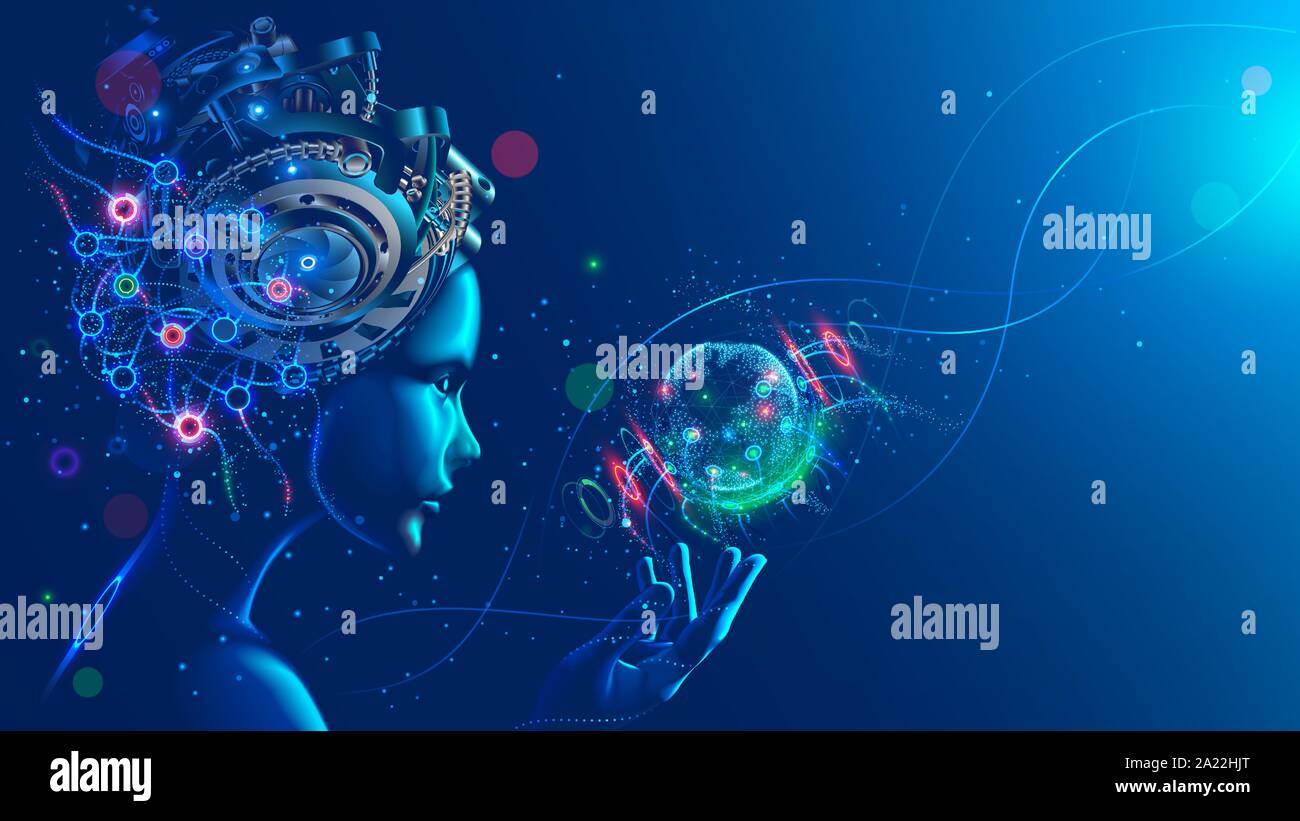 Künstliche Intelligenz in Bild von Cyborg Girl mit elektronischen Gehirn. Neuronales Netz mit einem virtuellen hud Interface ausgebildet. Machine Learning Stock Vektor