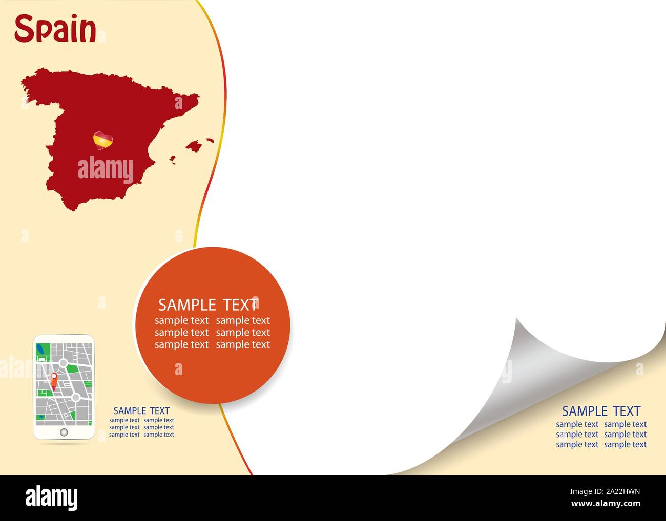 Reisen Spanien Vektor in rote und gelbe Farbe, die den blinden Spanische Karte und Smart Phone mit Stadtplan app Template auf der linken Seite und eine Menge Stock Vektor