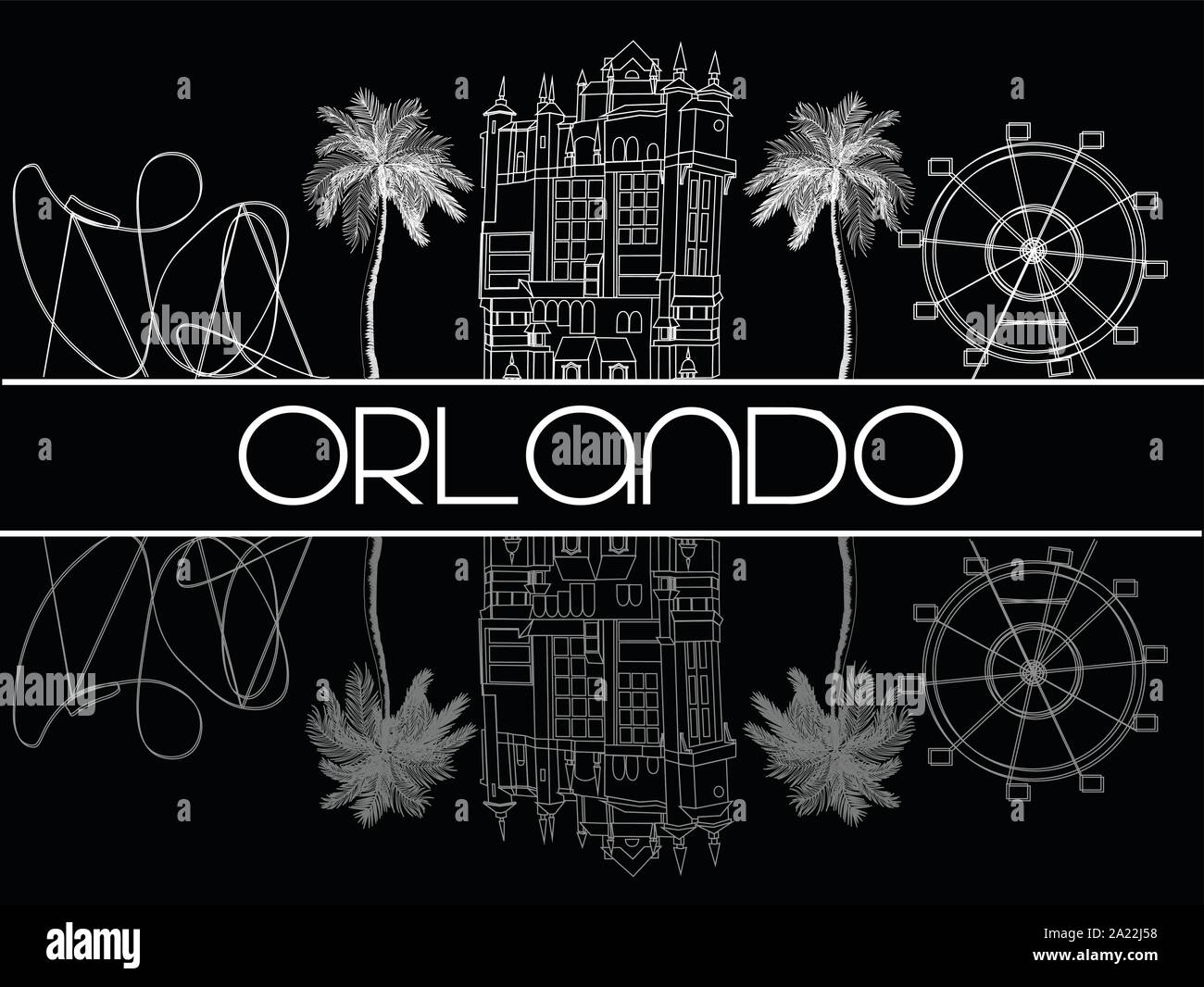 Orlando, Florida; August 03, 2018. Sehenswürdigkeiten Symbole weiße Linie auf schwarzem Hintergrund. Stock Vektor