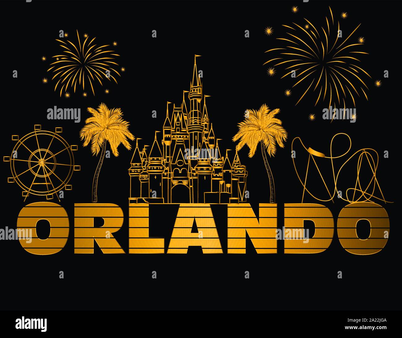 Orlando gold Schriftzug auf schwarzem Hintergrund. Vektor mit Reisen Symbole und Feuerwerk. Reisen Postkarte. Stock Vektor