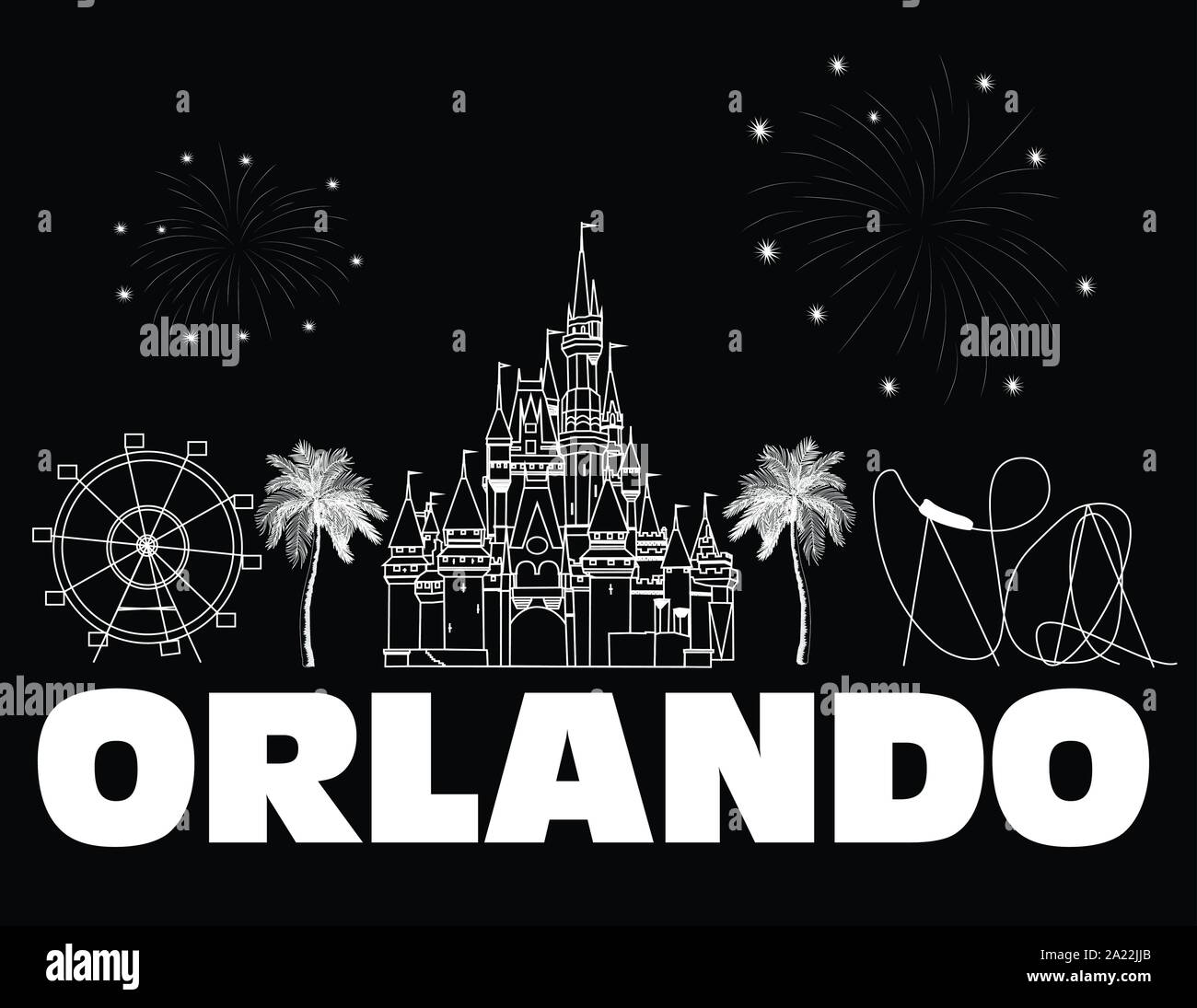 Orlando, weisser Schrift auf schwarzem Hintergrund. Vektor mit Reisen Symbole und Feuerwerk. Reisen Postkarte. Stock Vektor