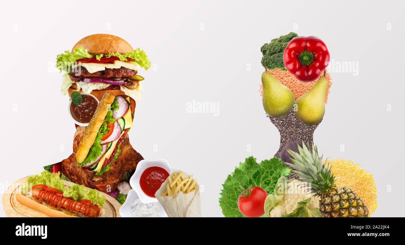 Ungesunde Nahrung Vs Gesundes Essen Collage Konzept Silhouetten Von Mann Und Frau Mit Verschiedenen Produkten Auf Weissem Hintergrund Panorama Stockfotografie Alamy