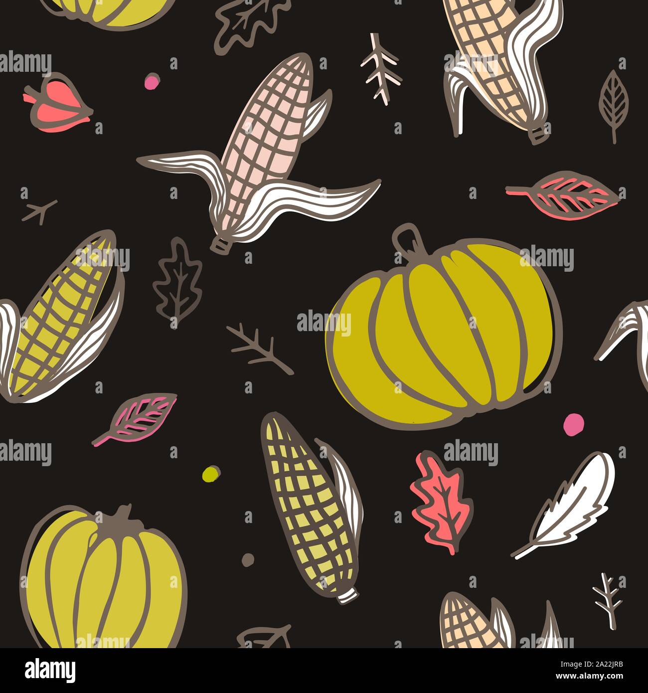 Thanksgiving Day nahtlose Muster mit Maiskolben, Kürbisse, und Blätter im Herbst. Doodle vektor Ornament auf schwarzem Hintergrund Stock Vektor