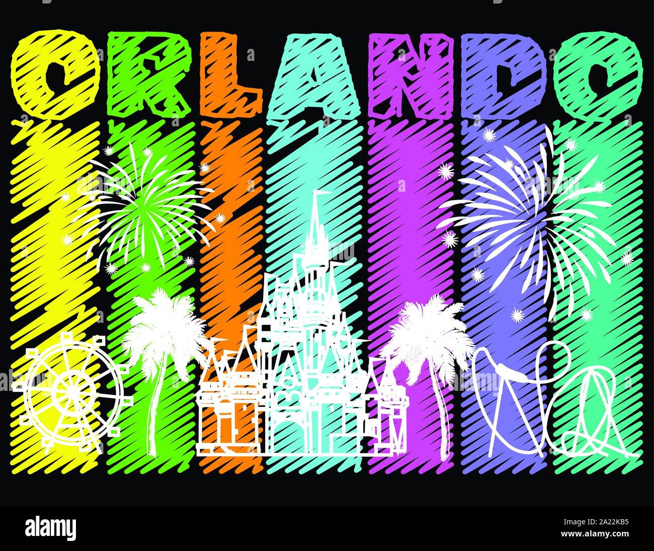 Weiß Orlando Design auf bunten gekritzelt Hintergrund. Vektor mit Reisen Symbole und Feuerwerk. Reisen Postkarte. Stock Vektor