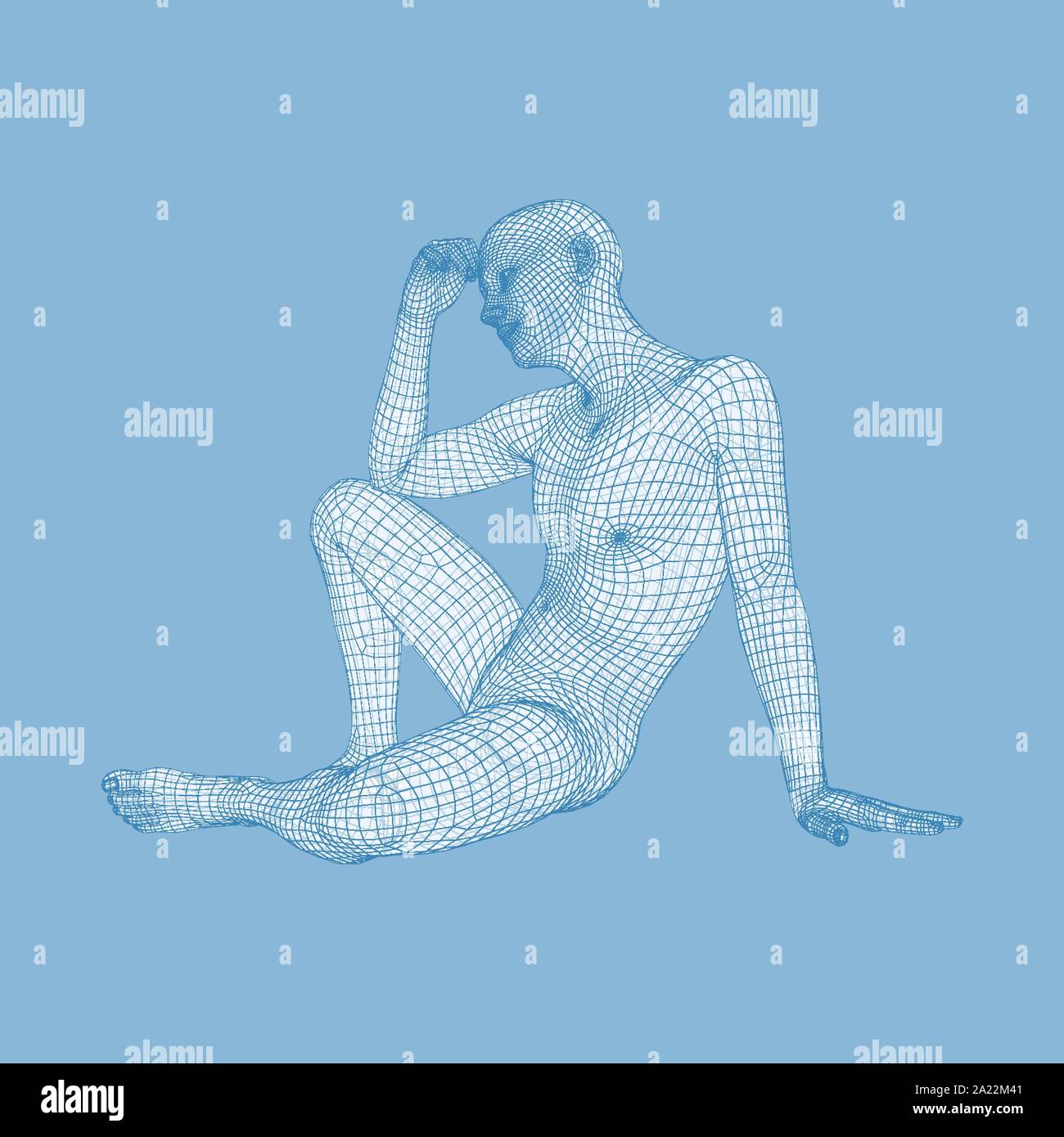 Mann in einem Denker darstellen. 3D-Modell des Menschen. Geometrischen Design. Menschliche Körper Kabel Modell. Wirtschaft, Wissenschaft, Psychologie oder Philosophie Vektor Illustration. Stock Vektor