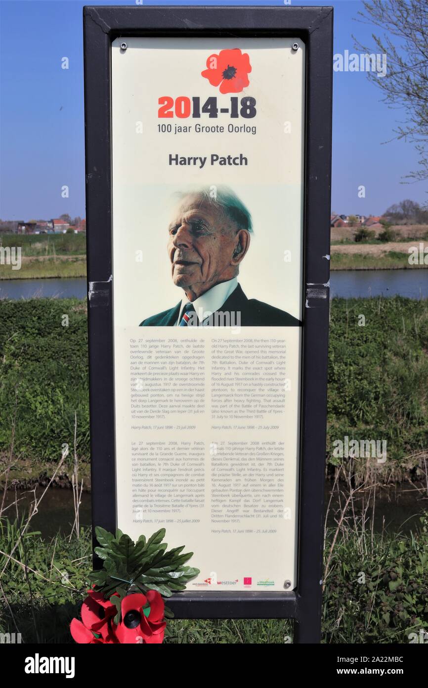 Harry Patch Gedenktafel bei Ypern / Ieper Flanders Stockfoto