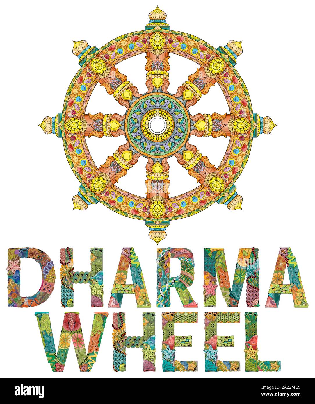 Dharma Rad oder dharmachakra, theach und gehen auf dem Weg des Nirvana Stock Vektor