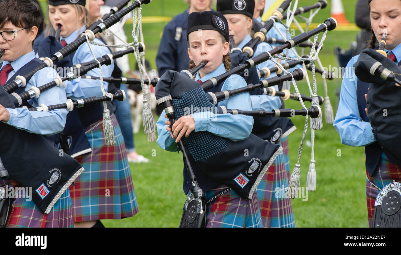 Burntisland und District Pipe Band, Dudelsack in Peebles highland games. Peebles, Scottish Borders, Schottland Stockfoto