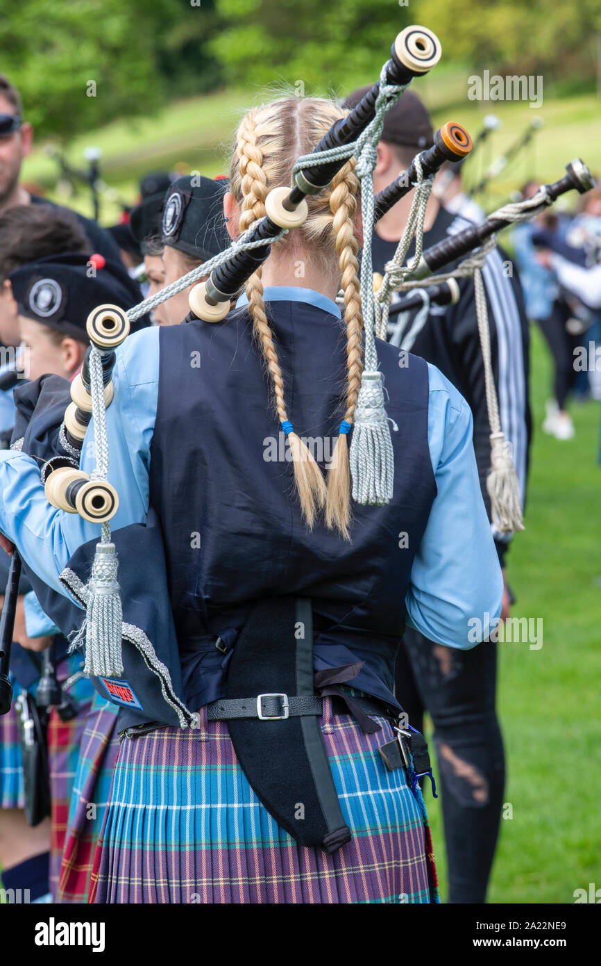 Burntisland und District Pipe Band, Dudelsack in Peebles highland games. Peebles, Scottish Borders, Schottland Stockfoto