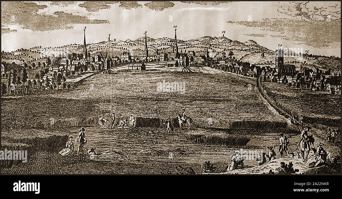 Eine alte Gravur Übersicht im Süden Aussicht auf die Stadt Leicester, Großbritannien 1750 Stockfoto