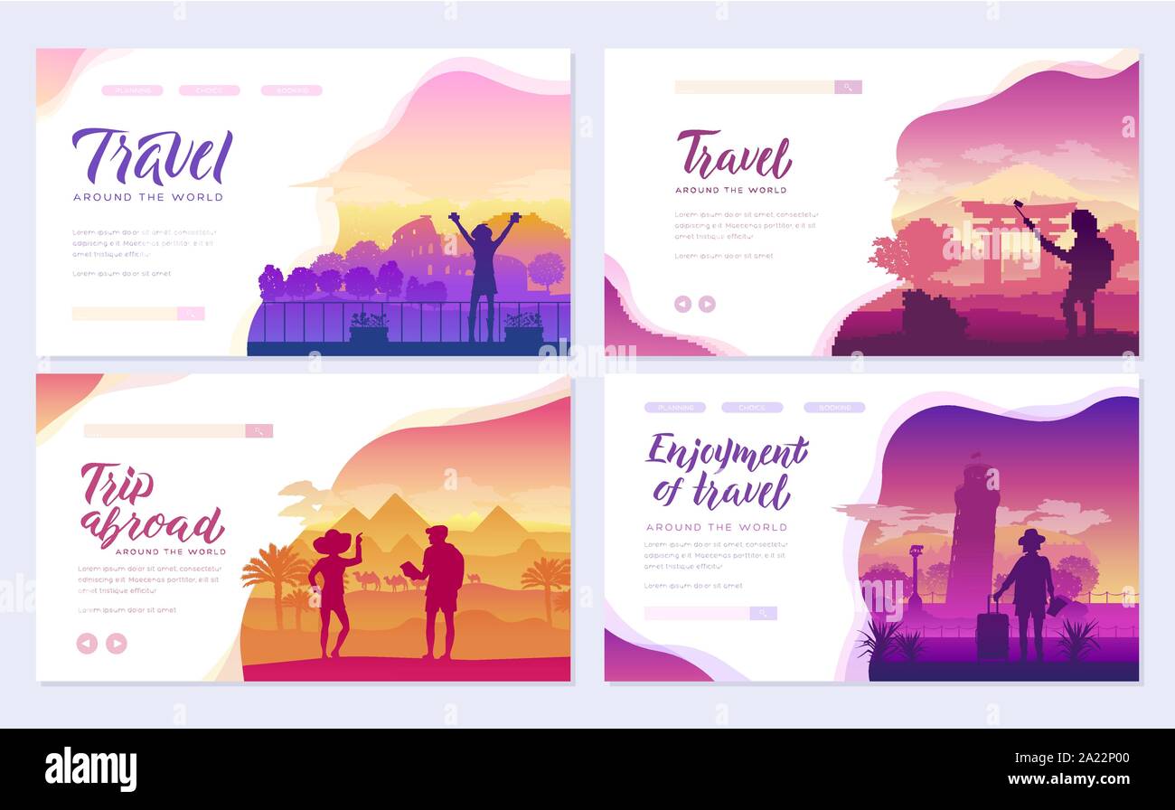 Reise um die Welt in verschiedene Teile der Welt: Europa, Asien, Afrika. Koffer und Kamera, Hut und Sonnenbrille, allein oder mit zwei, Eindrücke, Bilder, Fotos für Memory Magnete und Souvenirs Hintergrund Stock Vektor