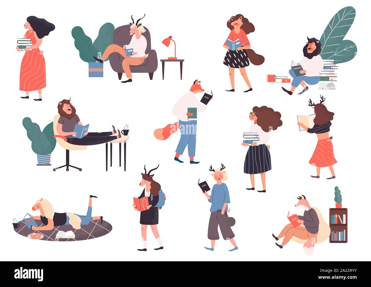 Einstellen der Leserinnen und Leser, Buchliebhaber, moderne Literatur fans isoliert. Flache cartoon Vector Illustration auf weißem Hintergrund. Sammlung von Menschen lesen oder Studenten das Studium und die Vorbereitung für die Prüfung. Stock Vektor