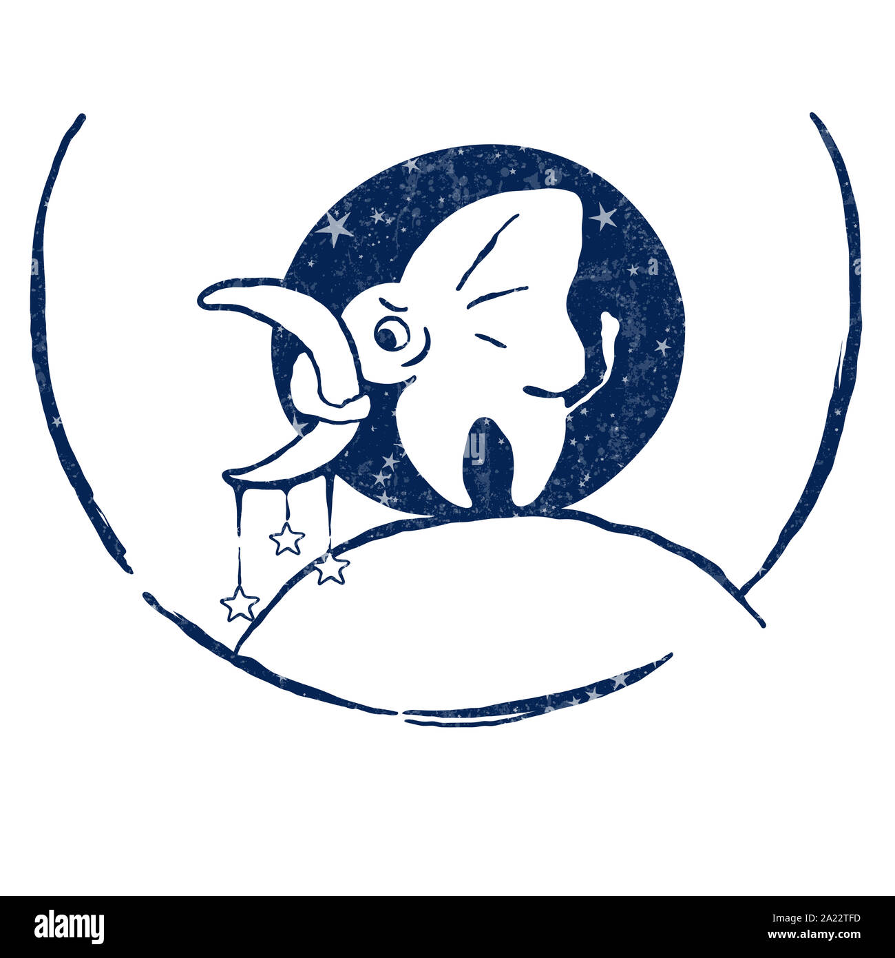 Hand gezeichnete Illustration, kleinen Elefanten halten der Mond, die Sterne, weiße Textur Stockfoto