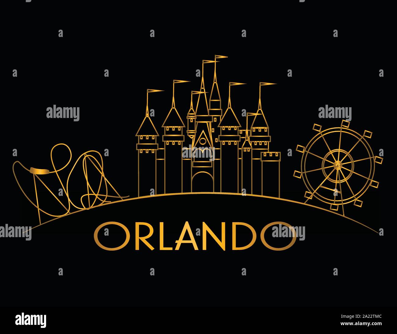 Orlando Attraktionen gold curve Line auf schwarzem Hintergrund. Ferien Karte. Stock Vektor