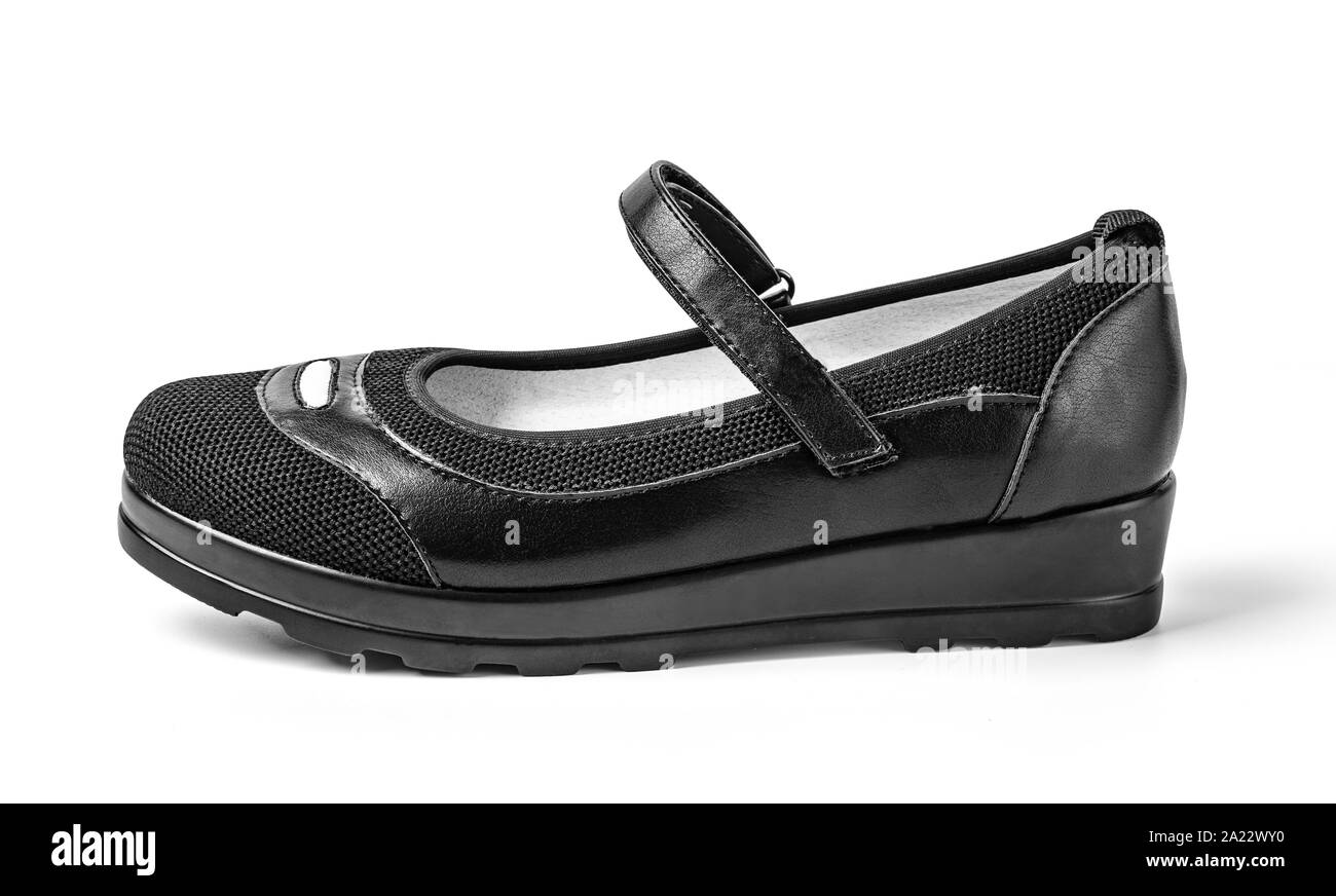 Schwarze Mädchen Schuhe auf Weiß mit Freistellungspfad isoliert Stockfoto