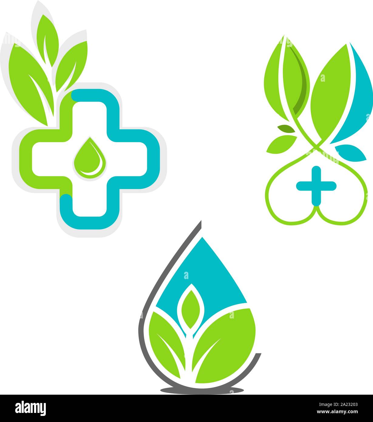 Vektor einrichten der medizinischen Logo Symbole mit Kreuz. Sammlung von Zeichen mit Pluszeichen und Blatt. Stock Vektor