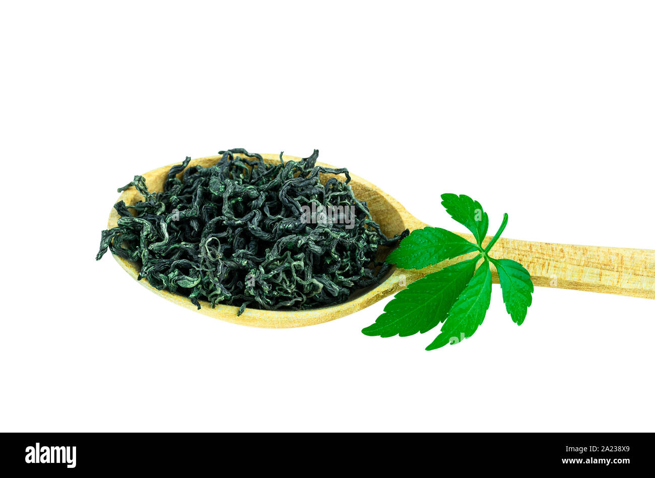 Jiaogulan Wunder Gras Blatt chinesische Kräuter Tee in hölzernen Löffel auf Weiß Stockfoto