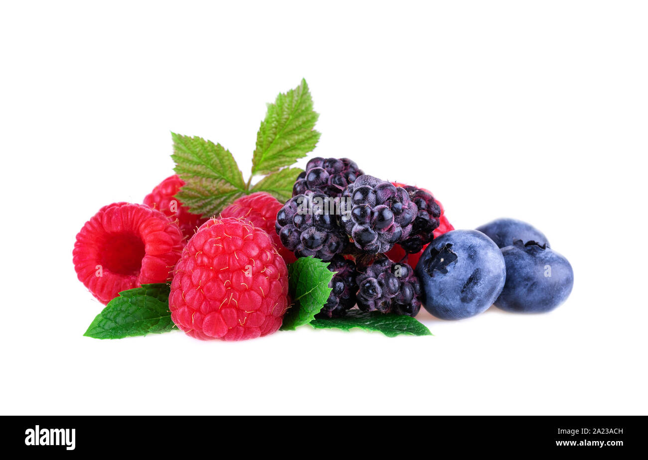 Mix berry Himbeeren Blaubeeren Brombeeren mit minzeblatt auf weißem Hintergrund Stockfoto