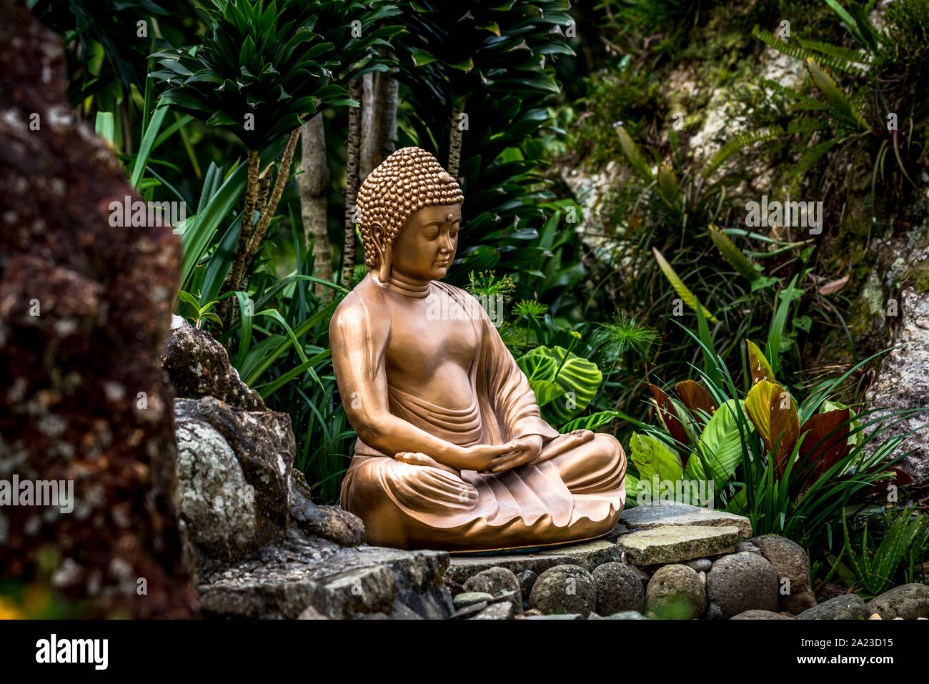 Golden Buddha Statue in einem Stein Garten mit grünen Pflanzen im Hintergrund Stockfoto