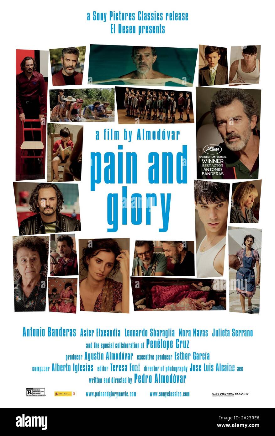 Schmerzen und Herrlichkeit, (aka Schmerz & HERRLICHKEIT, aka DOLOR Y GLORIA), uns Poster, einsame Figuren, im Uhrzeigersinn von der Mitte oben: Antonio Banderas, Asier Flores, Cesar Vicente, Antonio Banderas, Cesar Vicente, Cecilia Roth, Penelope Cruz (zweimal), Antonio Banderas, Julieta Serrano, Asier Etxeandia (zweimal), Leonardo Sbaraglia, 2019. © Sony Pictures Classics/courtesy Everett Collection Stockfoto