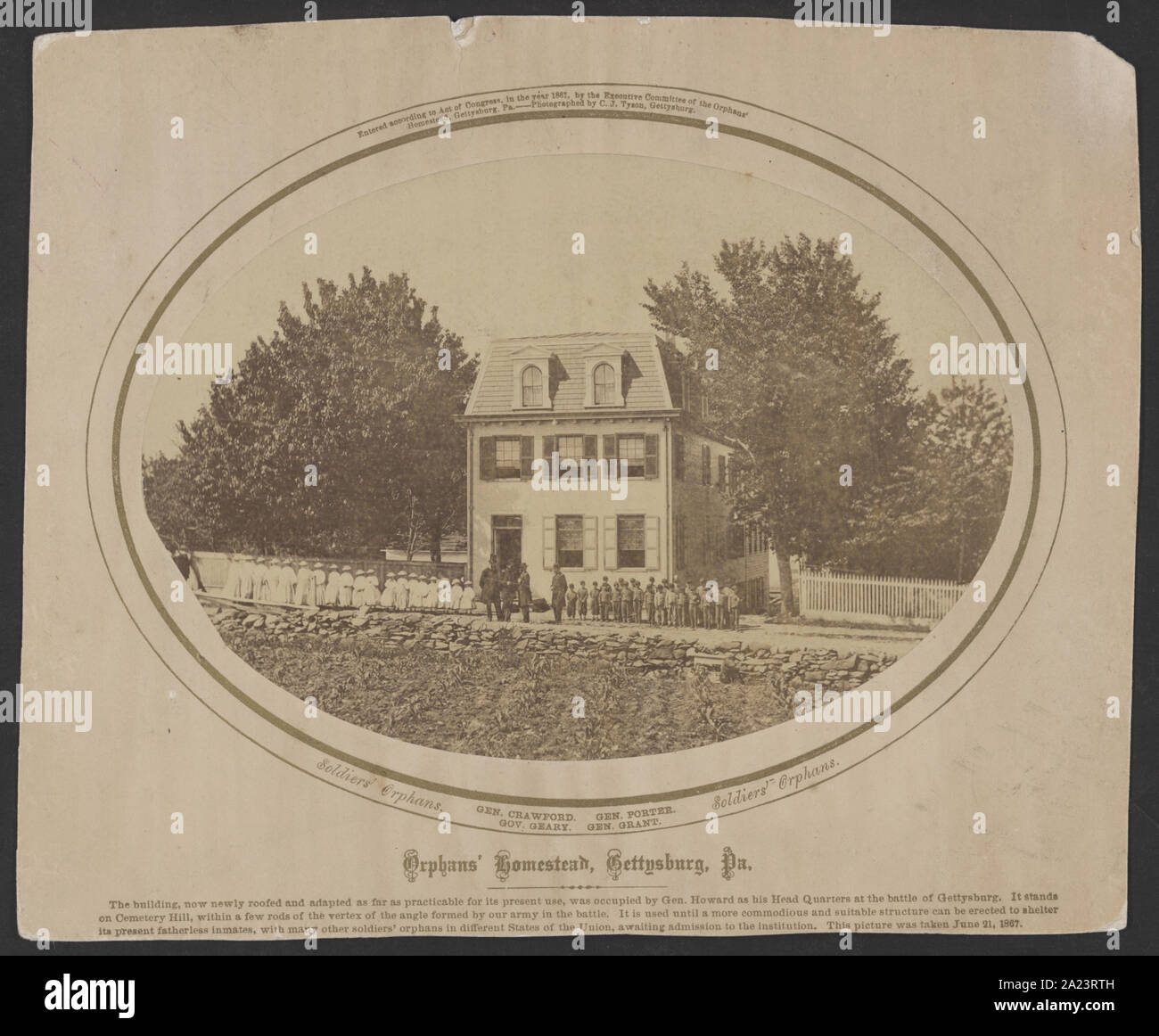 Waisen Homestead, Gettysburg, Pa. Das Gebäude, jetzt neu überdacht und so weit wie möglich für Ihre gegenwärtige Nutzung angepasst, wurde von Gen. Howard als seiner Hauptgeschäftsstelle in der Schlacht von Gettysburg belegt. Es steht auf Cemetery Hill, innerhalb von ein paar Stangen der Scheitelpunkt der Winkel, der durch unsere Armee in der Schlacht gebildet. Es wird verwendet, bis eine weitere geräumig und geeignete Struktur errichtet werden können Schutz Ihrer derzeitigen Waisen Insassen zu, mit vielen anderen Soldaten Waisen in den verschiedenen Staaten der Union werden, warten auf die Aufnahme in die Institution//fotografiert von C.J. Tyson, Gettysburg. Stockfoto