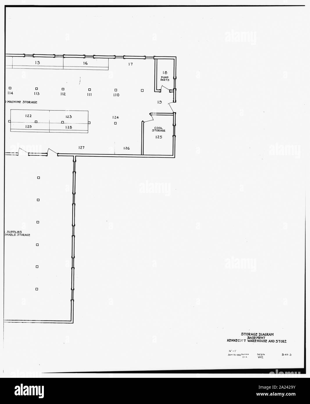 Kopie der Zeichnung Lager- und STORE, UNTERGESCHOSS, Diagramm - Kennecott Copper Corporation, am Copper River und Northwestern Railroad, Kennicott, valdez-cordova Census Area, AK; Stockfoto