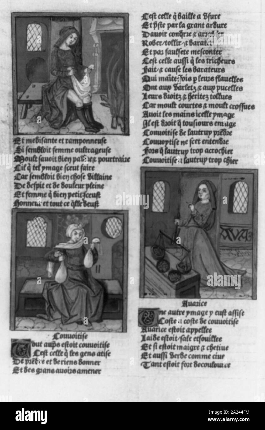 Seite bilden das Pergament Kopie des Antoine Verard Ausgabe des Roman de la Rose (1493) in der rosenwald Collection, mit 3 Hand dargestellt - farbholzschnitte von Frau im Inland Stockfoto