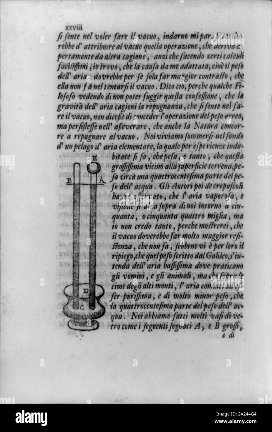 Seite in Lezioni accademiche; mit frühen Barometer erstellt von Torricelli Stockfoto