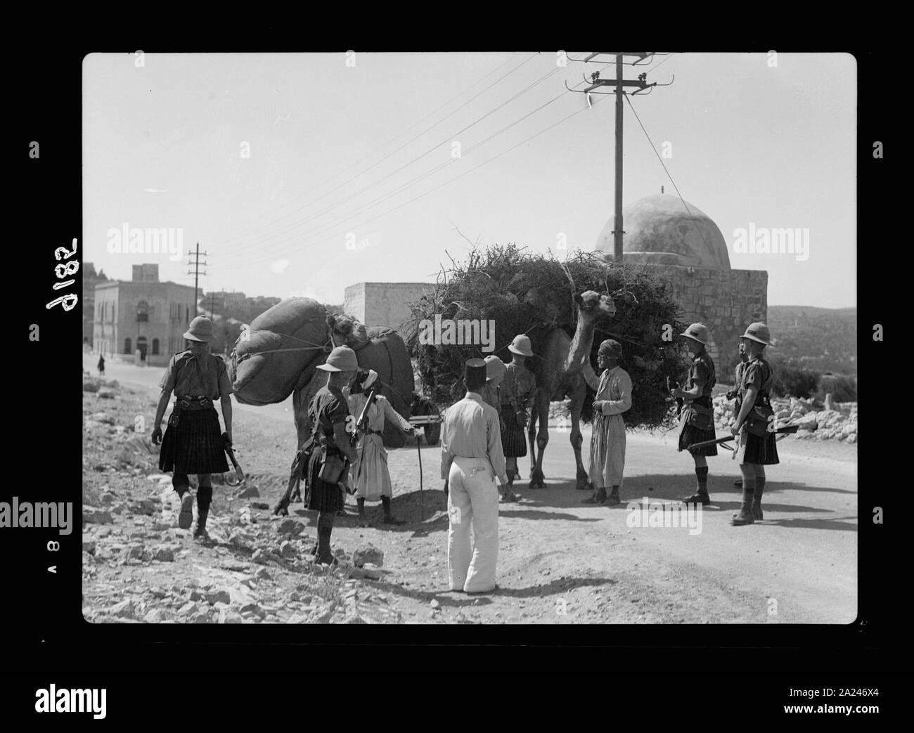 Palästina Unruhen 1936. Scotch d. h., Scots Soldaten stoppen Arabischen Kamel - Männer auf der Suche nach Waffen, in der Nähe von Rachels Grab in Bethlehem Straße Stockfoto