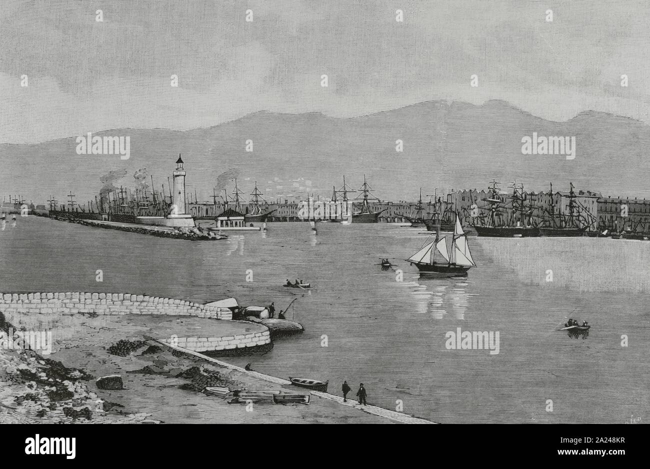 Francia. Marsella. Vista del Puerto Nuevo, tomada desde el Mar, Frente al Faro. En el Siglo XIX se extendieron las instalaciones portuarias de la Ciudad y se instalaron Muchas fábricas. Grabado por Bernardo Rico (1825-1894). La Ilustración Española y Americana, 22 de Julio de 1884. Stockfoto