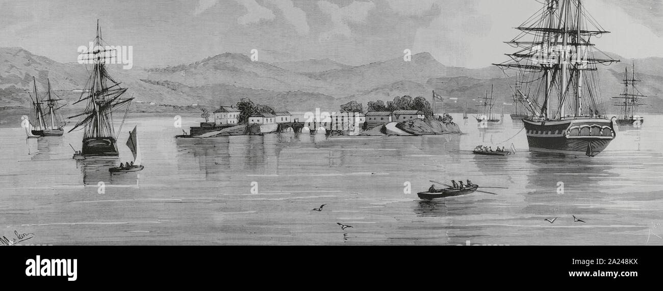 España. Galizien. Estado de Pontevedra. Vigo. Ría de Vigo. Vista allgemeine del Lazareto de San Simón (Krankenhaus aislado para el biologische Behandlung de enfermedades infecciosas) ubicado en el Archipiélago de San Simón, formado por la Isla de San Simón y San Antón, unidas por un Puente. Imagen tomada Desde la Bahía. Dibujo por Monleón. Grabado por Bernardo Rico (1825-1894). La Ilustración Española y Americana, 8 de Agosto de 1884. Stockfoto