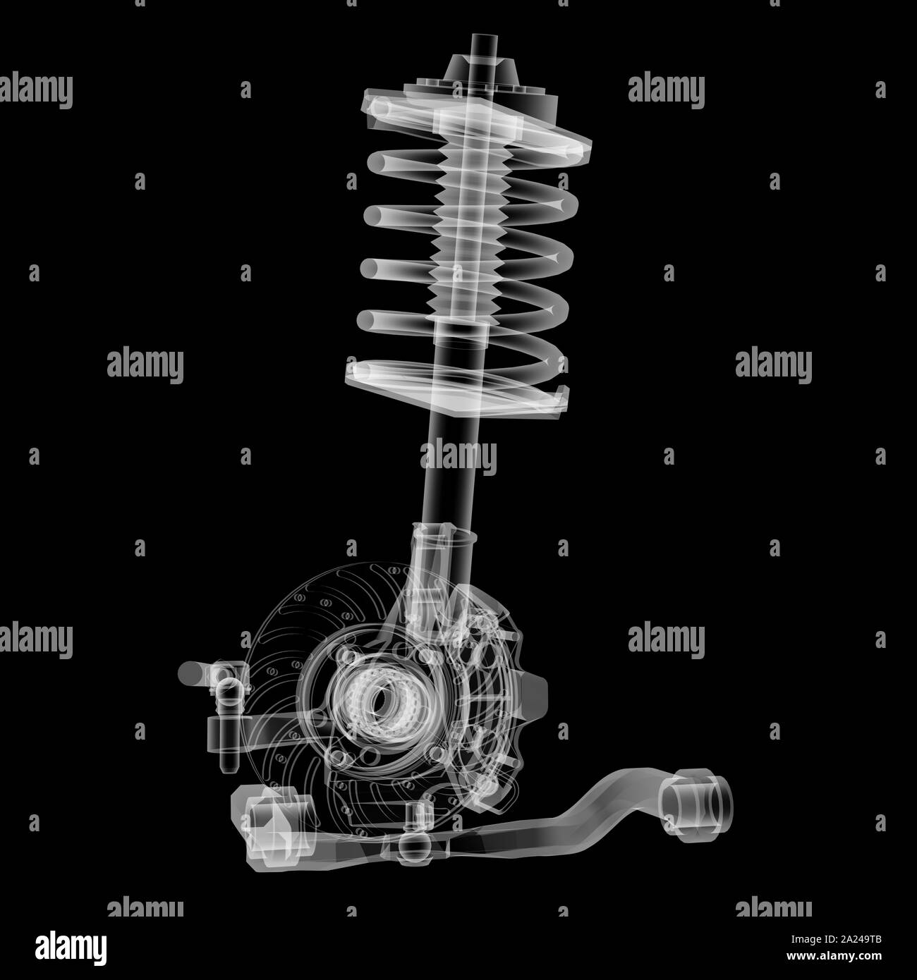 X-ray Auto Suspension und Bremsscheibe auf schwarzen Hintergrund, 3D-Darstellung Stockfoto