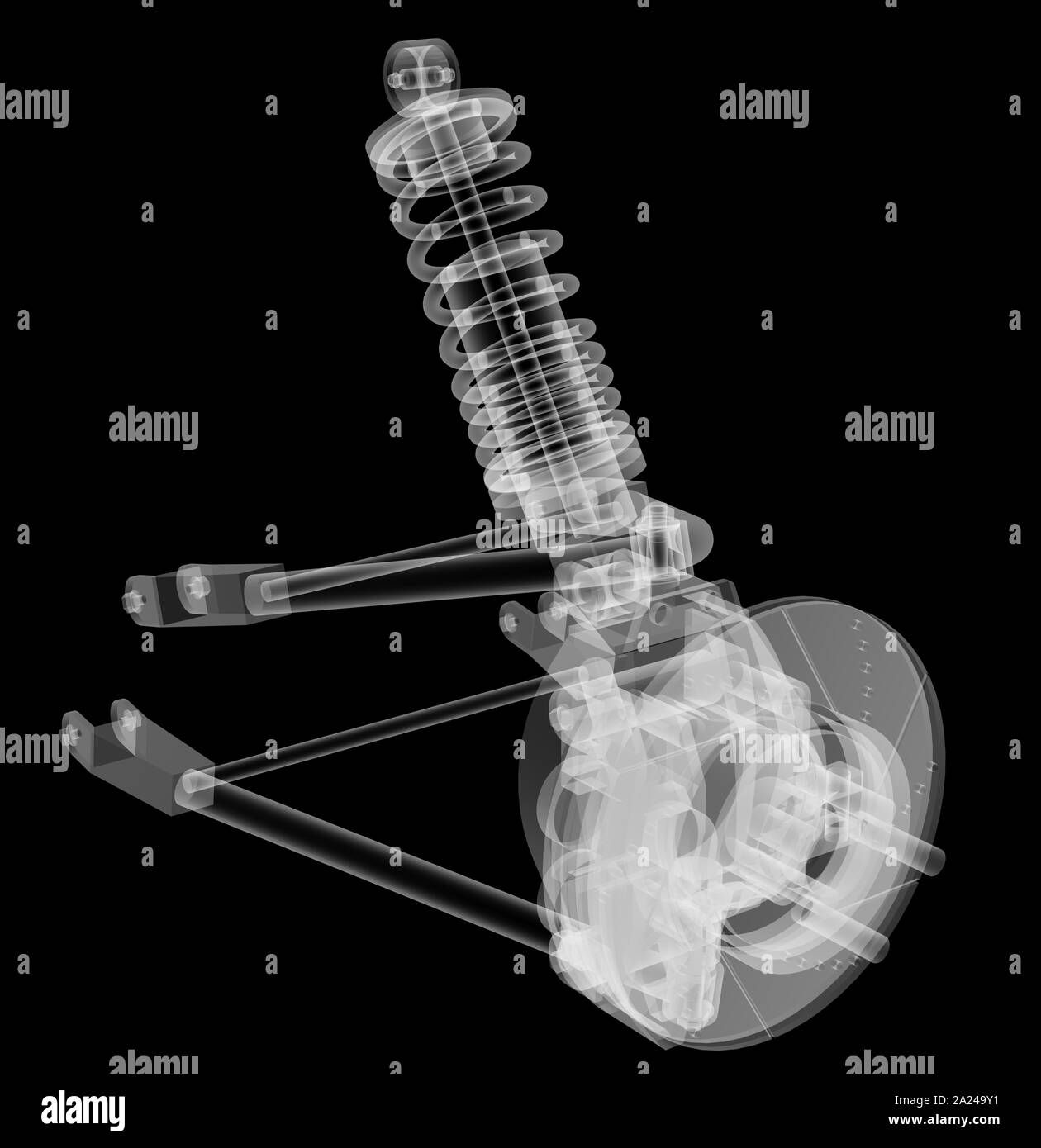 X-ray Auto Suspension und Bremsscheibe auf schwarzen Hintergrund, 3D-Darstellung Stockfoto