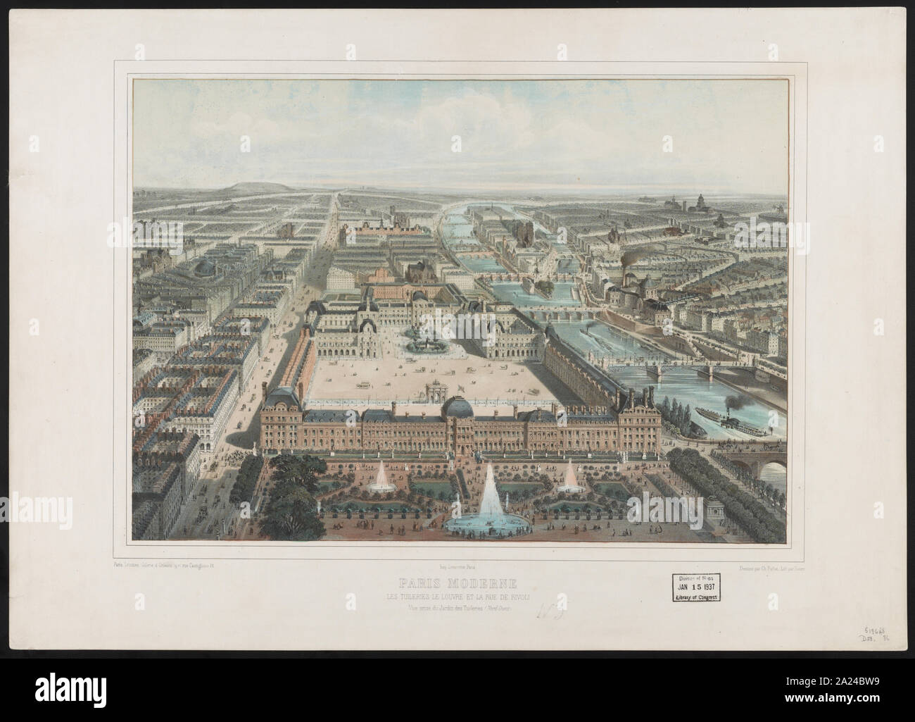 Paris moderne. Les Tuileries, Le Louvre, et la rue de Rivoli, vue Prise du Jardin des Tuileries (nord-ouest) Stockfoto