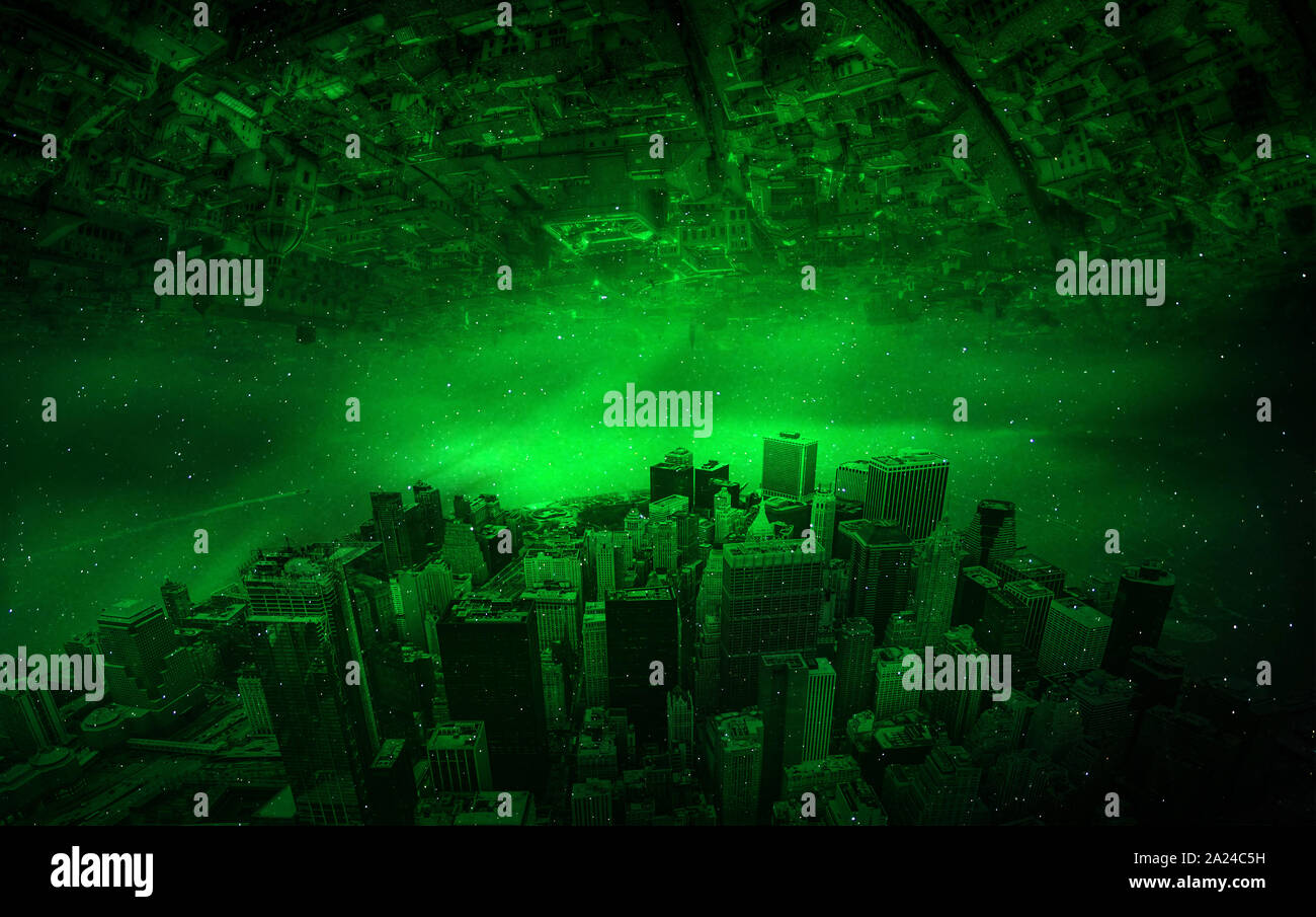 Zwei ausländischen Städten parallel zueinander skyline Luftbild. Alien Stadtbild. Stockfoto