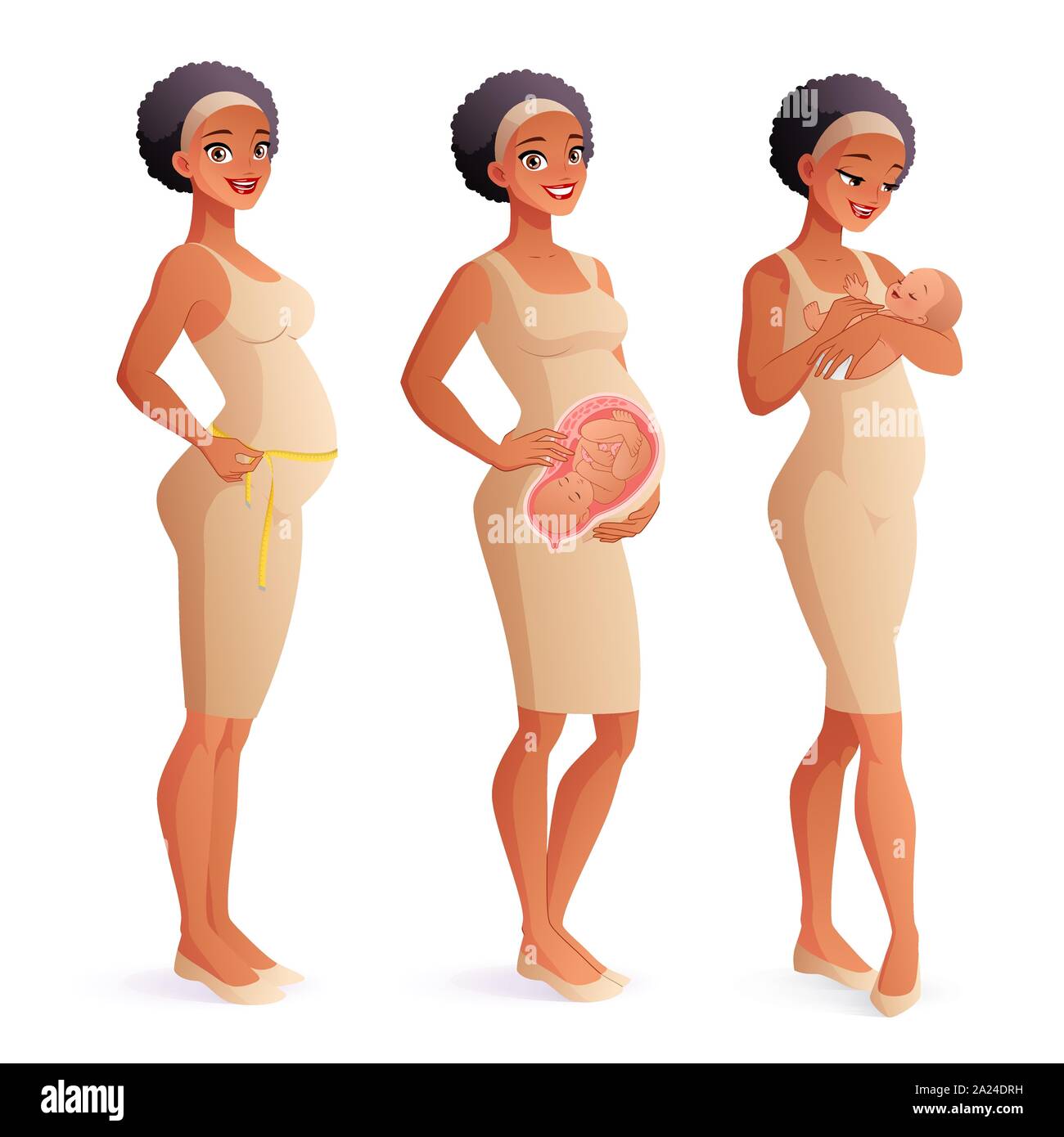 Schwangere Frau ihre Messung Bauch, Baby im Mutterleib, die Mutter ihr neugeborenes Baby Holding. Vor und nach der Schwangerschaft. Vector Illustration. Stock Vektor