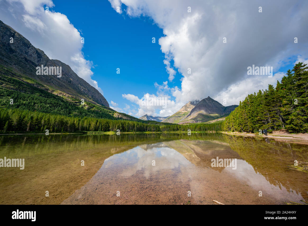 Morgen Blick auf die redrock See mit Reflexion im Glacier National Park Stockfoto