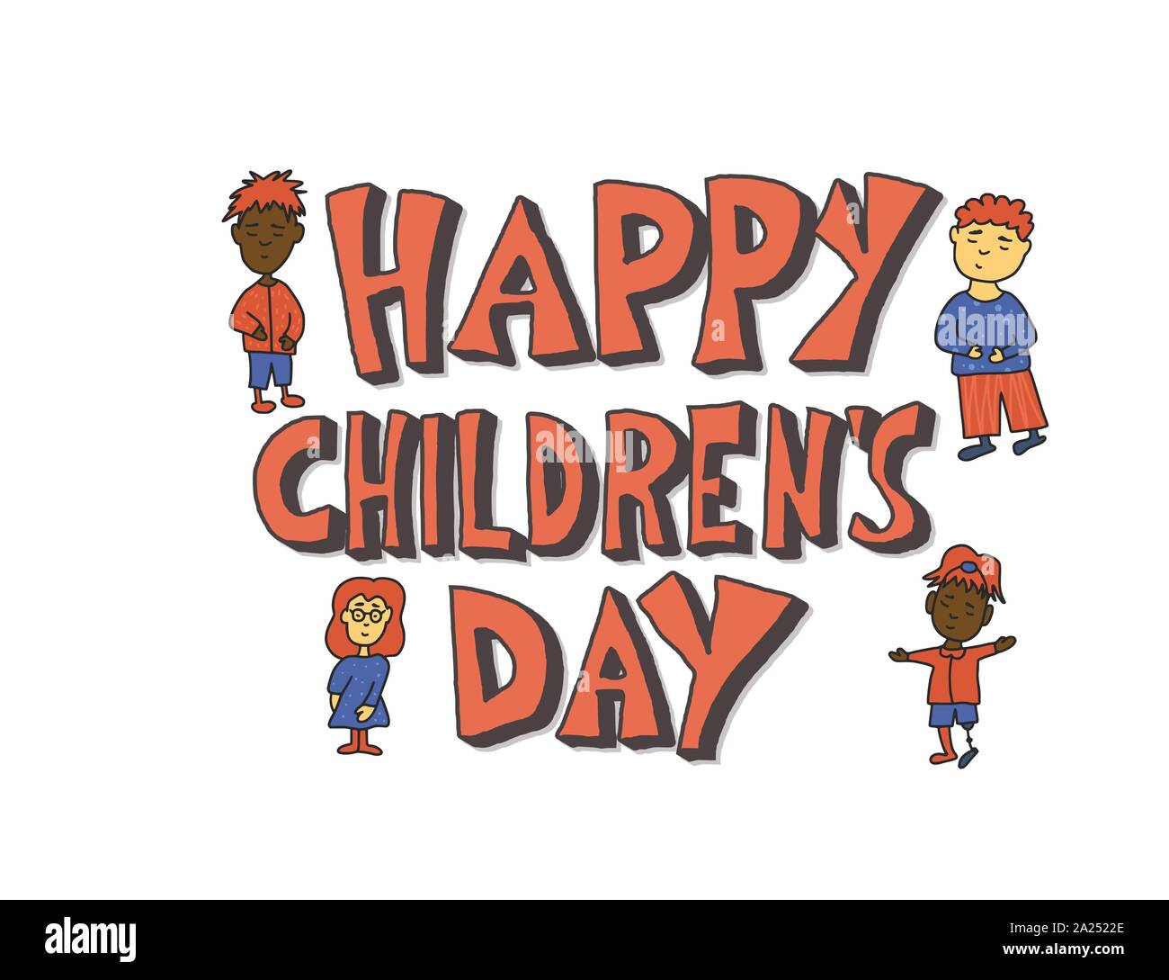 Happy Tag der Kinder Text mit Zeichen. Vektor Hand gezeichnet illustartion Emblem. Stock Vektor