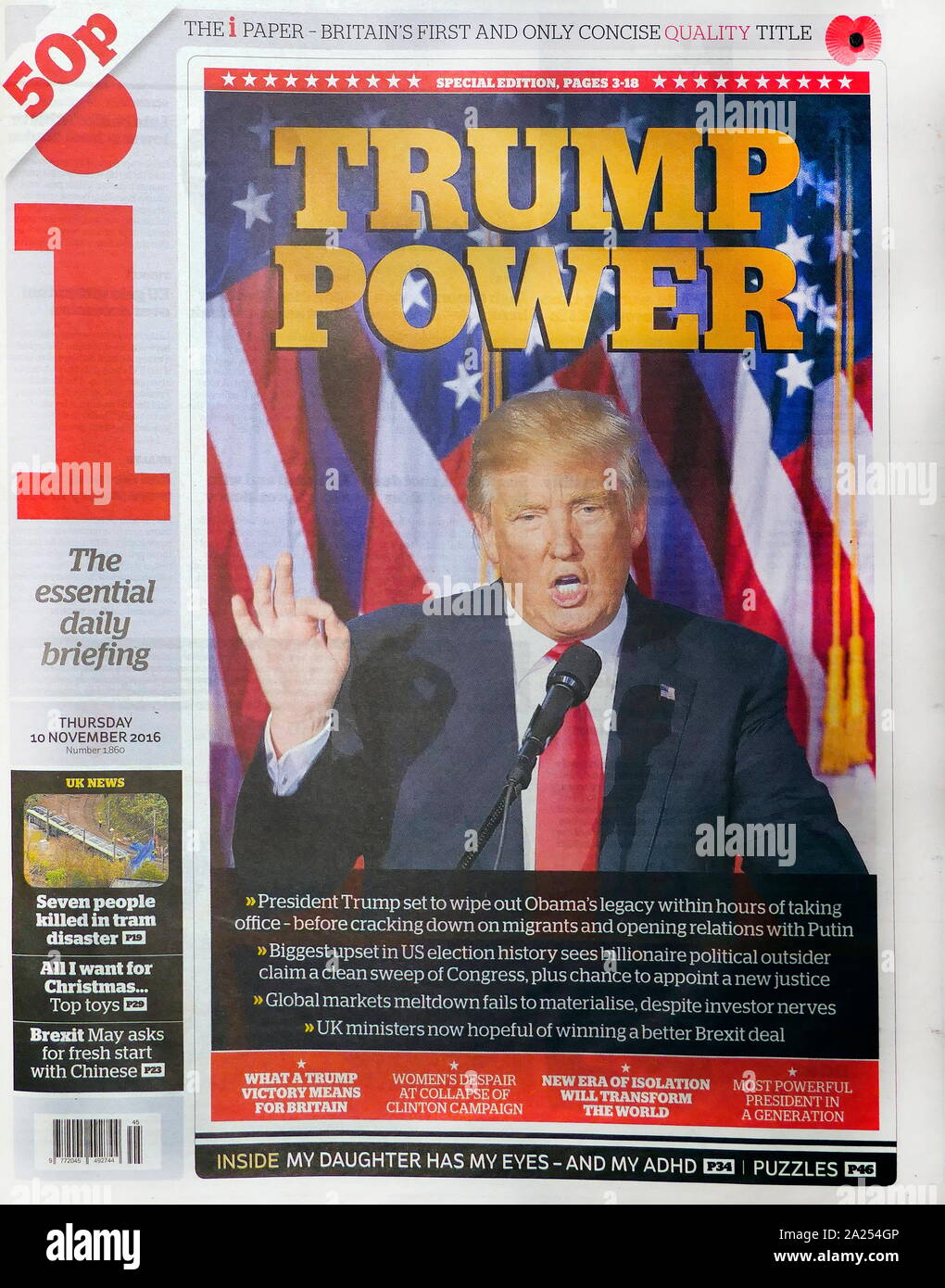 Titelseite Überschrift der britischen Zeitung 'The I", 10. November 2016. Trump macht. Stockfoto