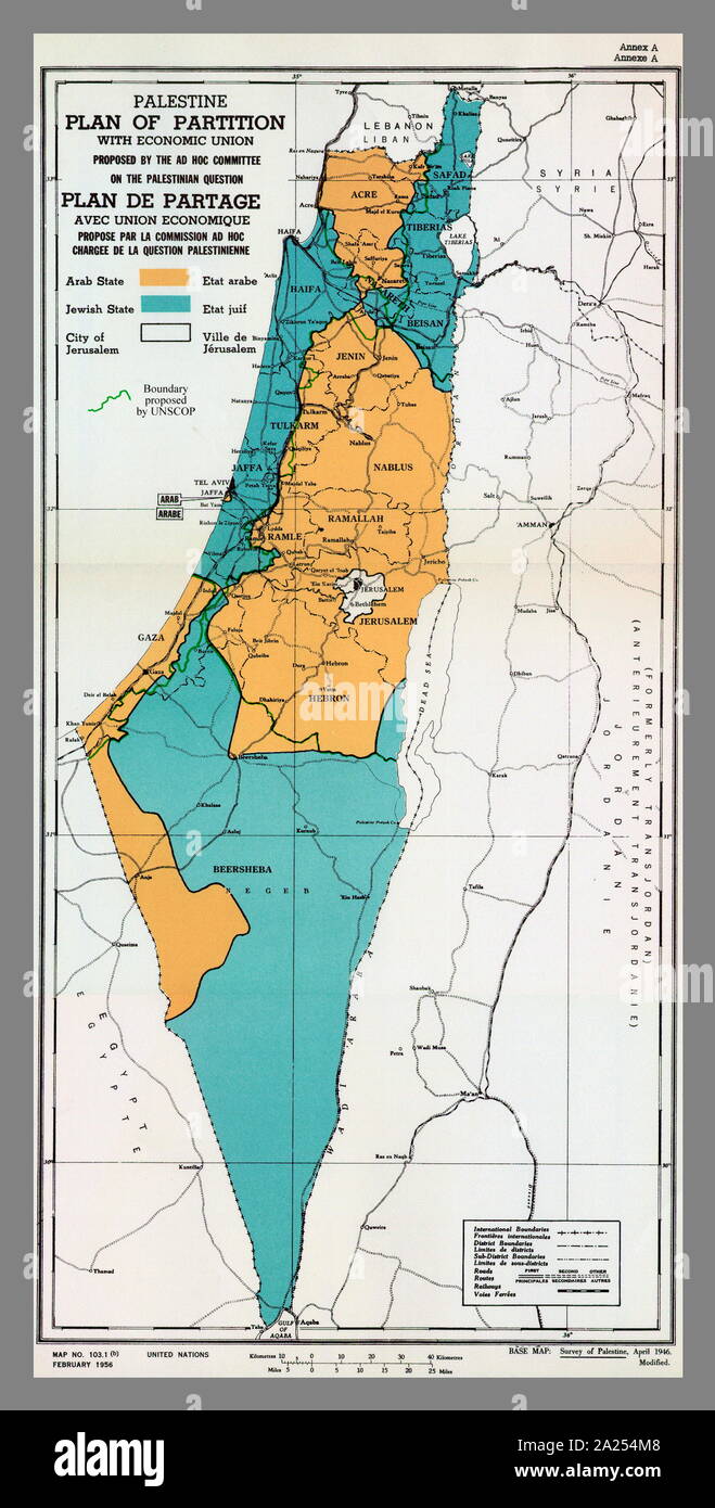 Vereinten Nationen Karte der vorgeschlagenen Teilung Palästinas im November 1947. Stockfoto