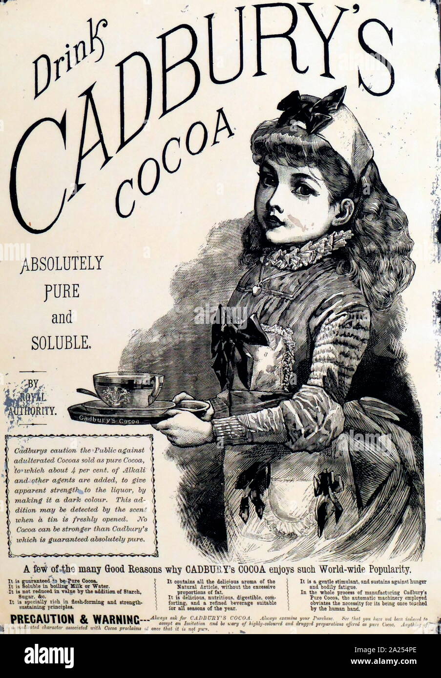 Cadbury's Kakao (Schokolade) Werbung mit einem viktorianischen Ära Mädchen eine Cadbury's Kakao trinken. Ca. 1885 Stockfoto