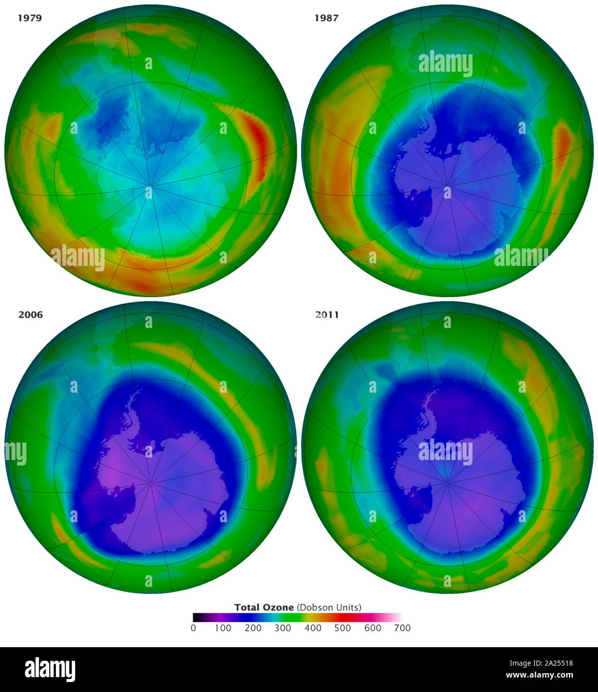 Vier Bilder zeigen das antarktische Ozonloch an Sept. 16 1979, 1987, 2006 und 2011. Die letzten beiden Bilder zeigen den niedrigsten (2006) und zweite - am niedrigsten (2011) Ozonkonzentrationen, wie in Blau dargestellt, und wurden von der OMI-Instrument auf die Aura Satelliten erfasst.&#13;&#10; Stockfoto