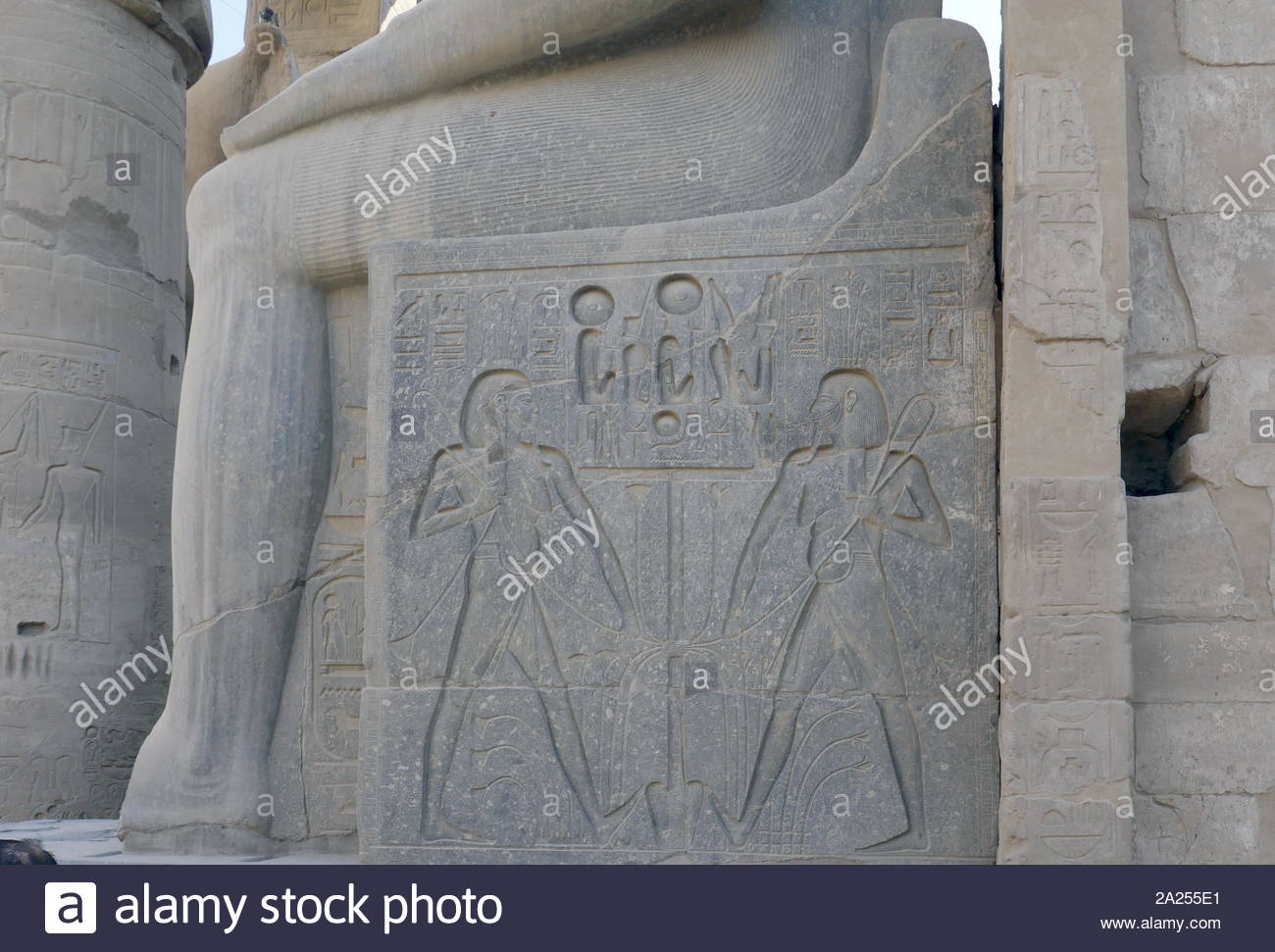 Ineinandergegriffen Symbole, die Einheit von Ägypten: Von einem Ramses II Statue am Eingang des Alten Ägyptischen Luxor Tempel in Luxor (antike Theben); ab 1100 v. Chr.-1600 v. Chr. gebaut. Luxor Tempel wurde mit Sandstein vom Gebel el-Silsila, im Süd-westen von Ägypten. Dieser Sandstein wird als Nubischen Sandstein bezeichnet. Von den mittelalterlichen Zeiten der muslimischen Bevölkerung von Luxor hatte in und um den Tempel nieder, an der nach Süden Ende der Halterung. Es wurde festgestellt, dass der Luxor Tempel hält große Bedeutung für das Opet-fest. Der Luxor Tempel war der Thebanischen gewidmet Stockfoto