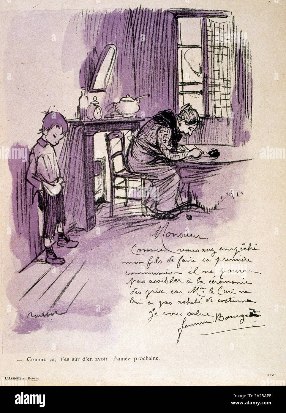 Karikatur von Francisque Poulbot und zeigt eine alte Frau einen Brief schreiben, wie eine traurige Junge schaut auf Stockfoto