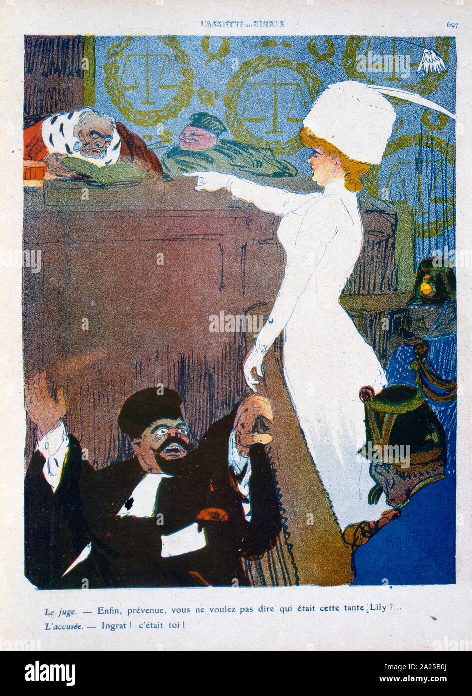 Französische Illustration, eine französische Frau vor einem Richter in einem französischen Gericht. 1909 Stockfoto