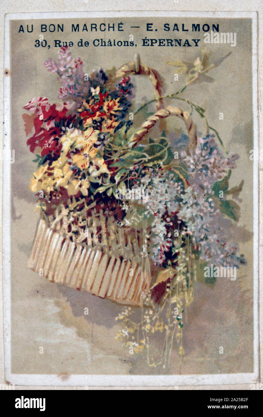 Französische Grußkarte mit Korb mit Blumen Abbildung geschrieben. 1900 Stockfoto