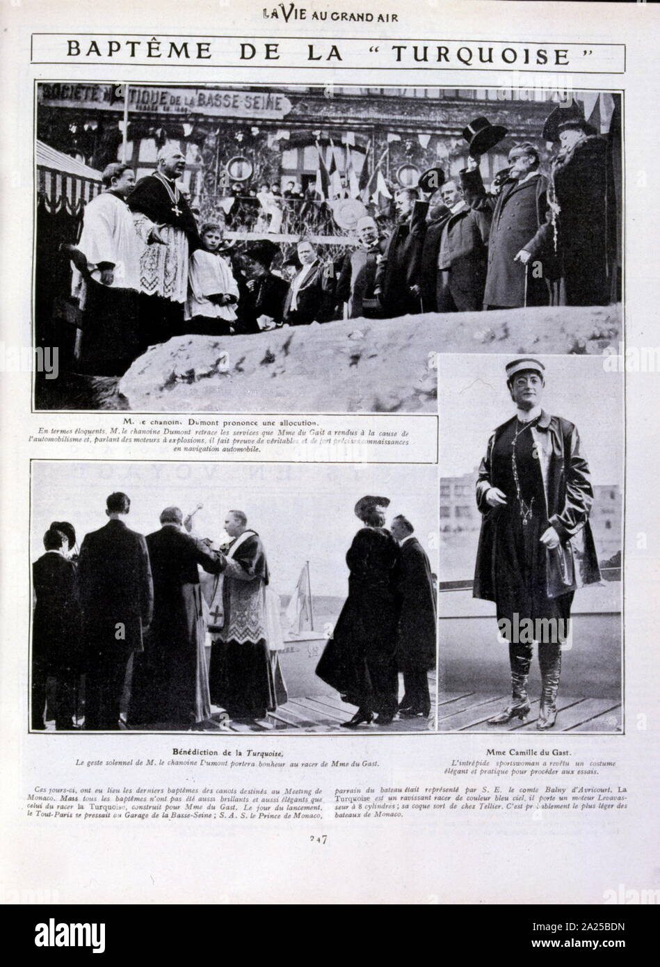 Camille du Gast (1868-1942), Pionier der französischen Frauen autofahren Berühmtheit der Belle Epoque. Vollendet Sportlerin - ein ballonfahrer, Fallschirmspringer, Fechter, tobogganist, Skifahrer, Gewehr und Pistole erschossen, Trainer Pferd - sowie ein Konzert Pianist und Sänger. Im Jahre 1905, die Sie in der trans-Mittelmeer-Rennen von Algier nach Toulon konkurrierten. Ein heftiger Sturm in der zweiten Phase ab Hafen Mahon, Menorca, Toulon, setzen alle sieben Boote aus Aktion und sank sechs von ihnen, einschließlich der Camille. Zwei Monate später du Gast schließlich wurde zum Sieger erklärt, zu schlichten, bevor am nächsten kommen. Stockfoto