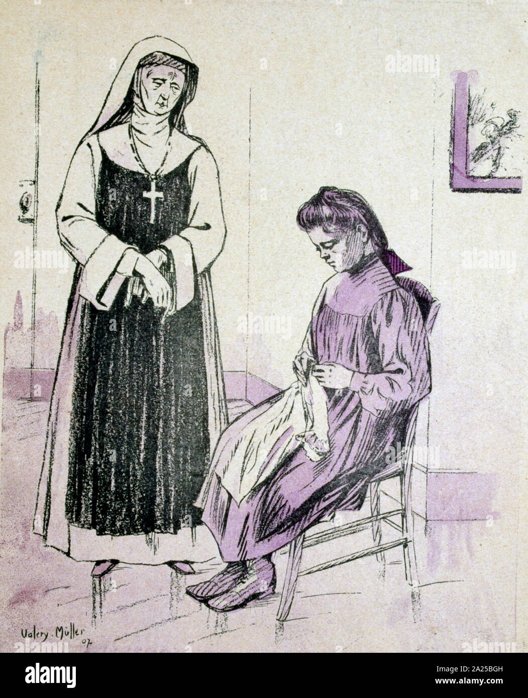 Französische satirische Abbildung, zeigt ein Waisenkind in einer Kirche Waisenhaus als Nonne auf aussieht. 1907 Stockfoto