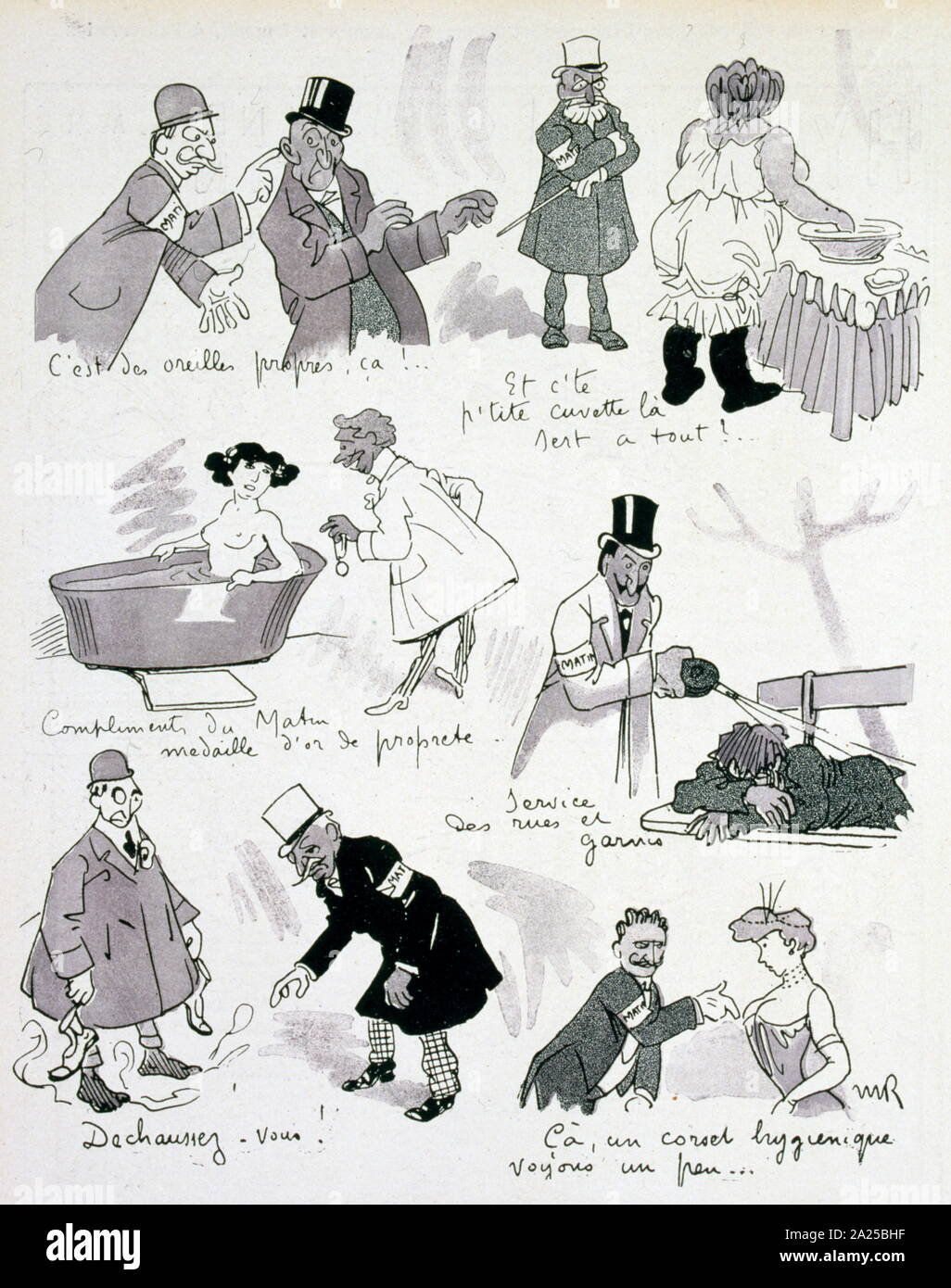 Französische satirische Abbildung, Darstellung hygiene Inspektoren Inspektionen durchführen zu Aspekten des täglichen Lebens. 1907 Stockfoto