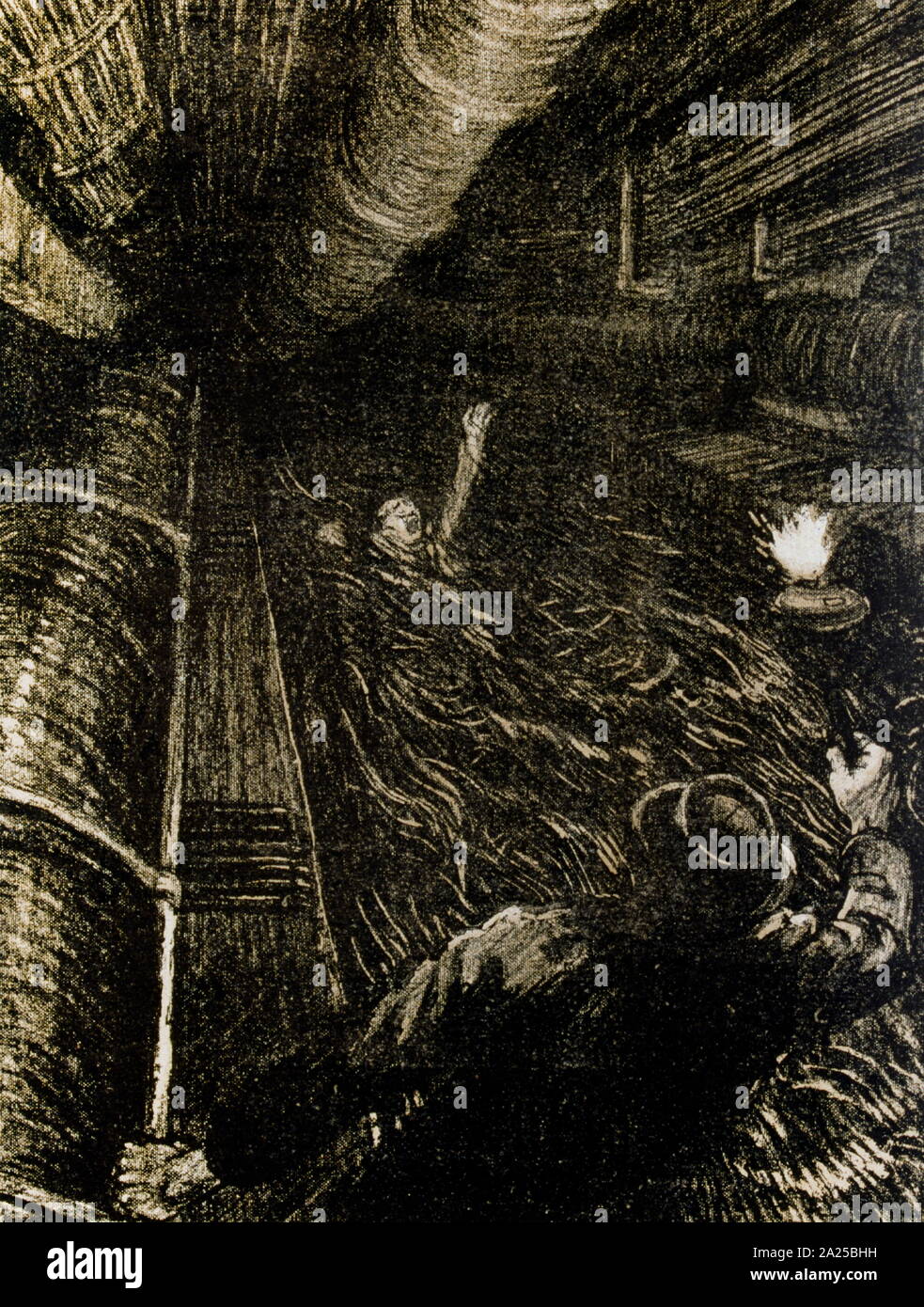 Französische satirische Abbildung, Darstellung einer Kanalisation Arbeiter überwunden durch giftige Dämpfe und weg von einem Strom von Abwasser durchgeführt. 1907 Stockfoto